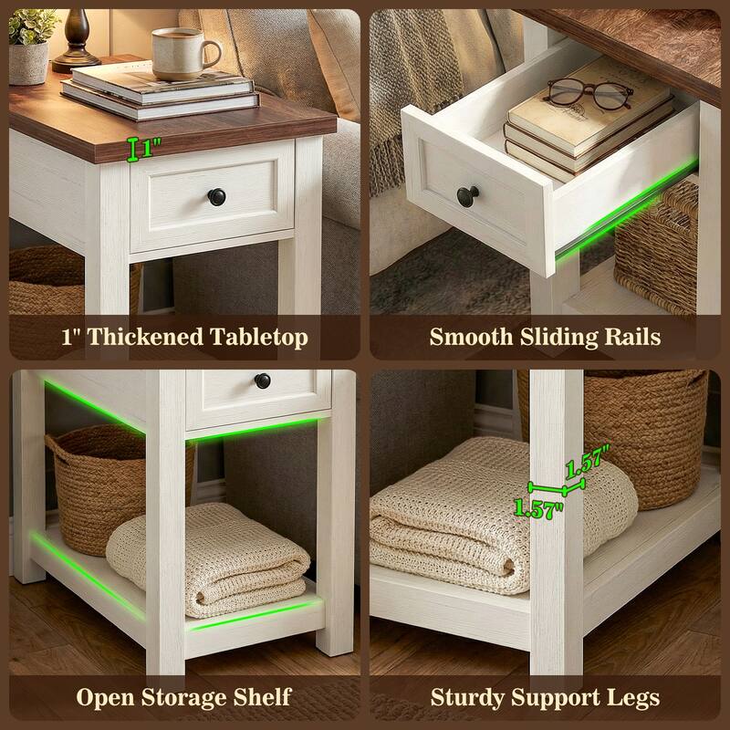 Farmhouse End Table with Wood Drawers and Charging Station, Sofa Side Table, Nightstand