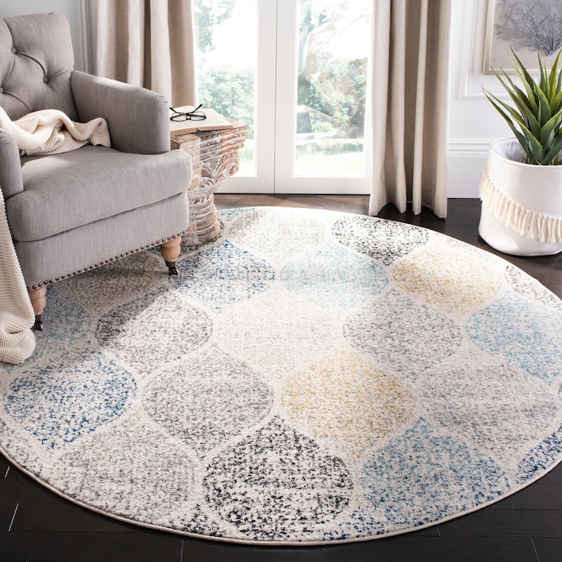 SAFAVIEH Madison Stella Boho Chic Ogee Trellis Rug - 6'7" x 6'7" Round - Ivory/Blue