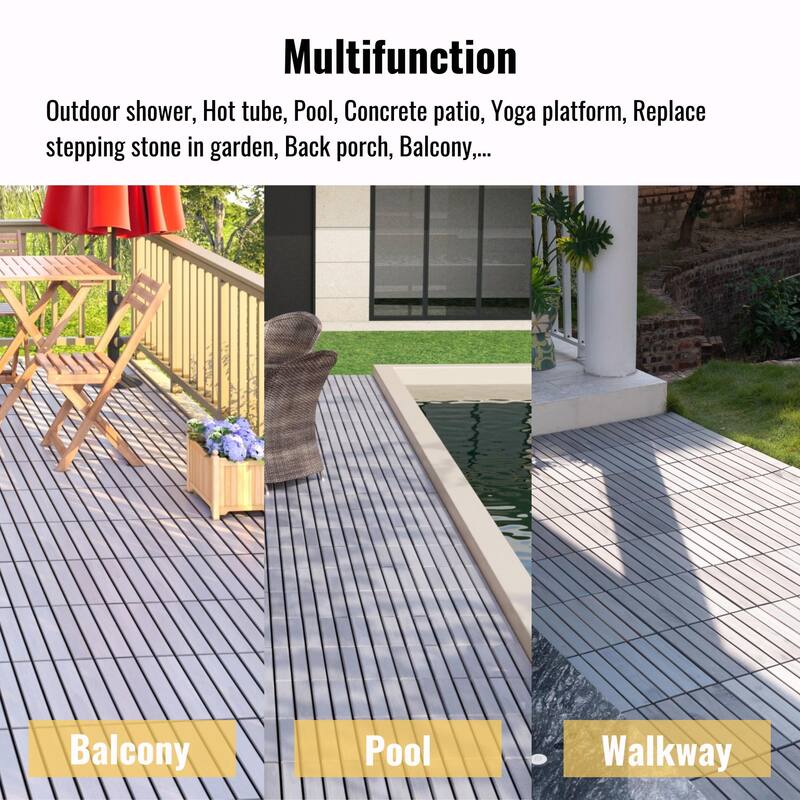 Interlocking Deck Tiles Striped Pattern, 12" x 12" Light Gray Acacia Hardwood Outdoor Flooring