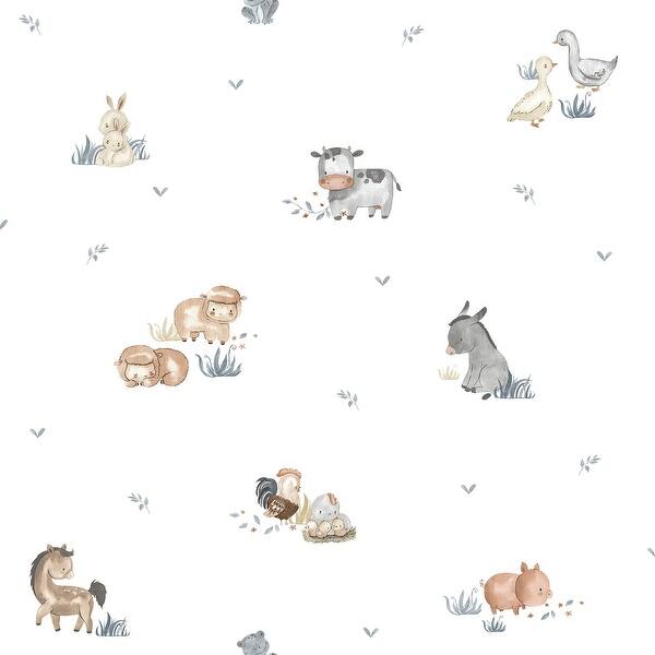 slide 2 of 3, Galerie Wallcoverings Little Explorers 2 Farm Animals Non-woven Matte Wallpaper Roll 33 feet x 21 inches - White