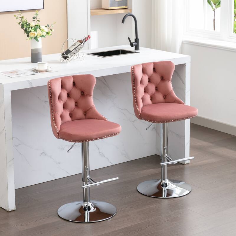 Swivel Velvet Barstools Adjusatble Seat Height from 25-33 Inch, Modern Upholstered Chrome base Bar Stools with Tufted Backs