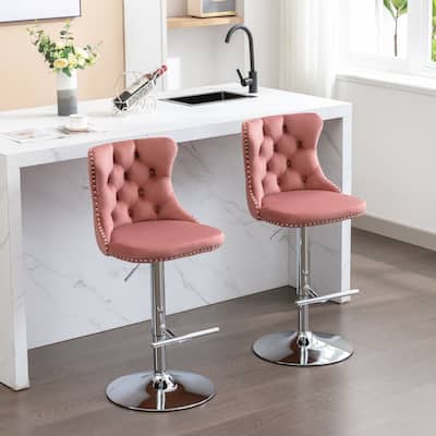 Velvet Swivel Barstools Tufted Upholstered Dining Chair Set of 2, Pink