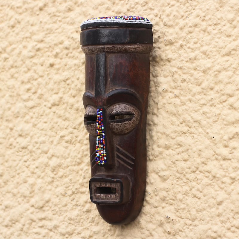 Novica Handmade Urhobo Festival Recycled Glass Beaded African Wood Mask