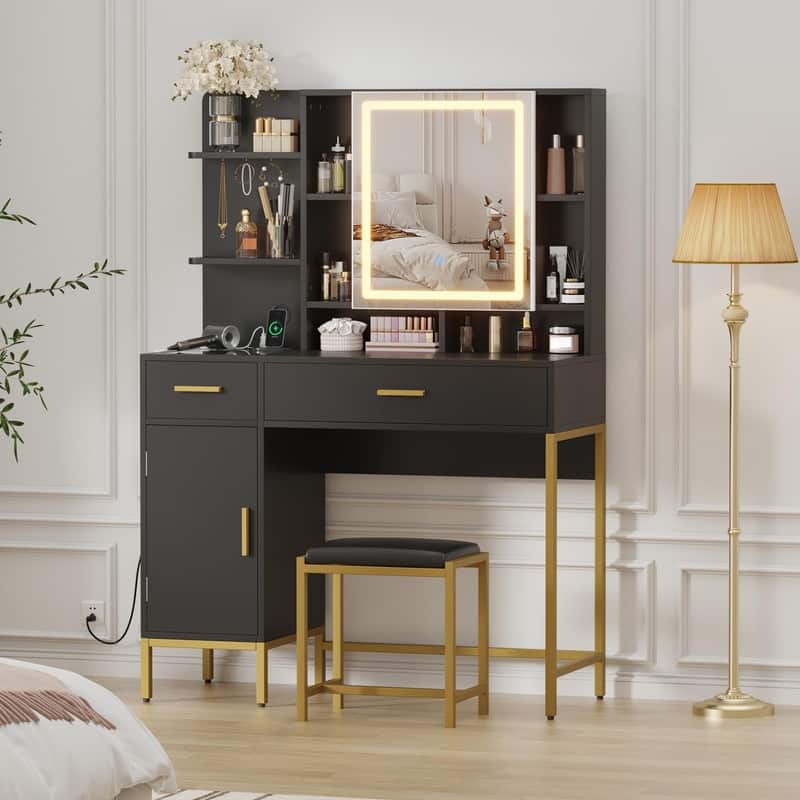 Vanity Table with LED Mirror, Stool, Shelves, Drawers, Cabinets, Charging Station