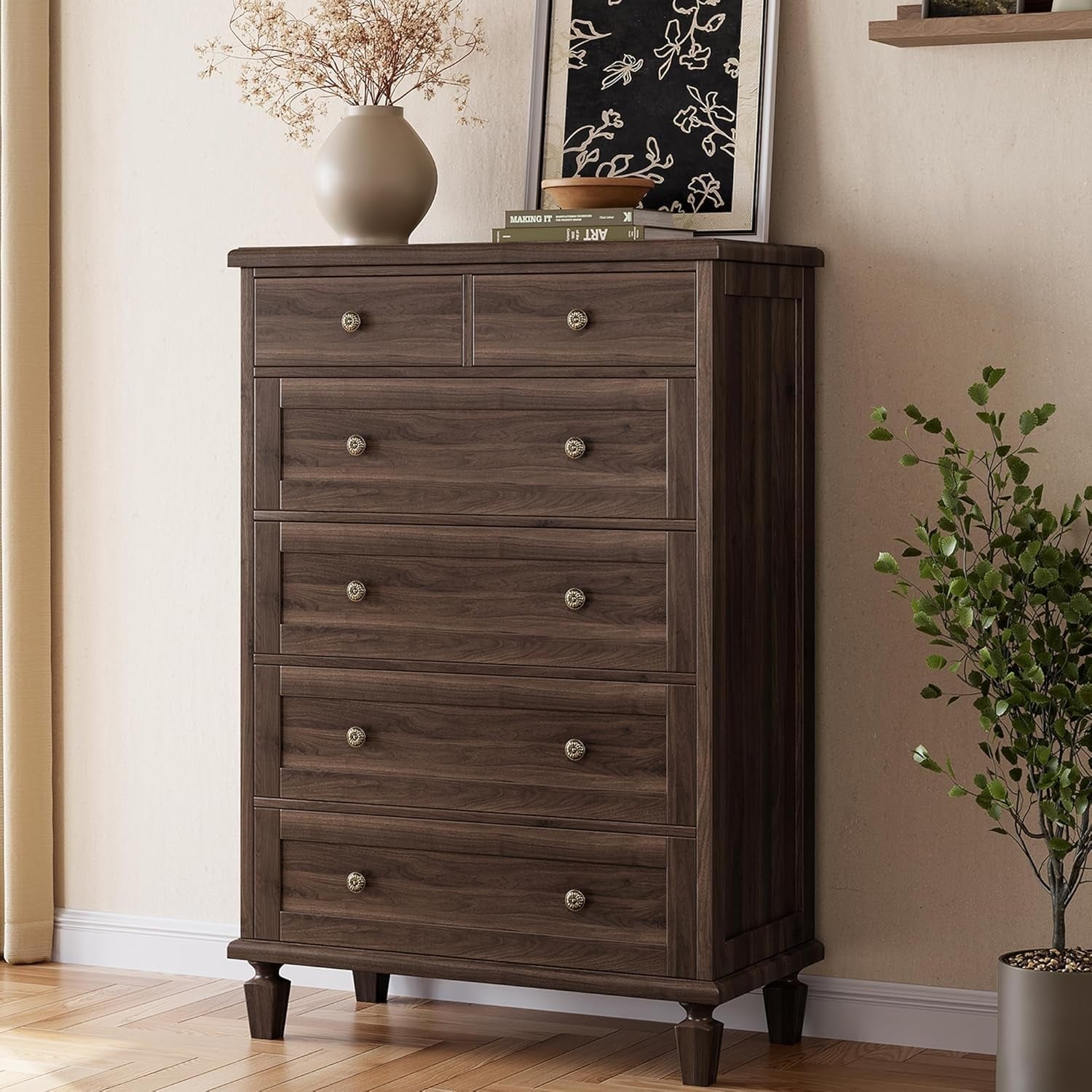 Vintage Tall Dresser with Carved Handles & Tapered Legs, Large Capacity Storage for Living Room Entryway