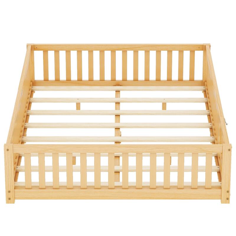 Natural Queen Size Pine Wood Floor Bed with Safety Guardrails and Door