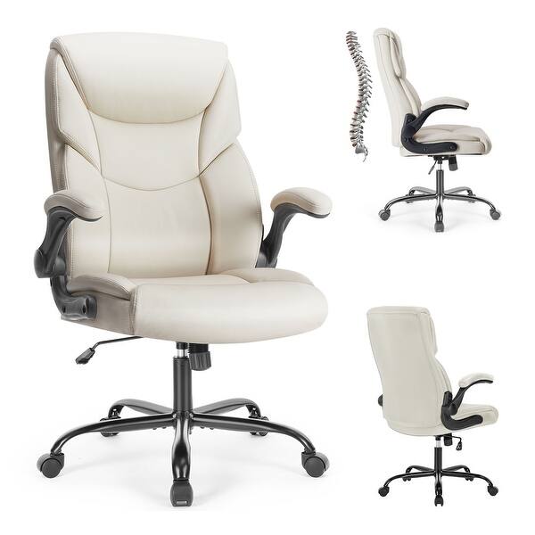 slide 2 of 21, Ergonomic High Back Office Chair, Swivel Task Chair with Adjustable Flip-up Armrest, PU Leather Computer Desk Chairs with Wheels White