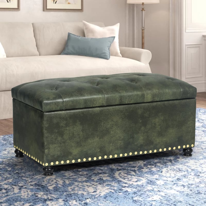Adeco Rectangular Storage Ottoman Tufted Faux-Leather Bench Lifted Top