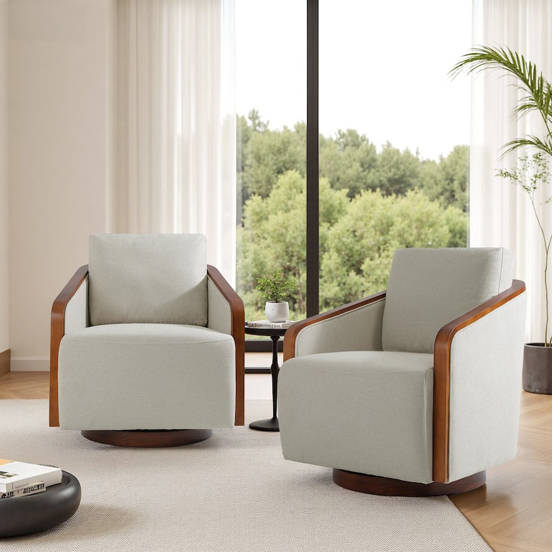 Set of 2 Modern Swivel Accent Barrel Chairs with Wood Arms - BEIGE BROWN