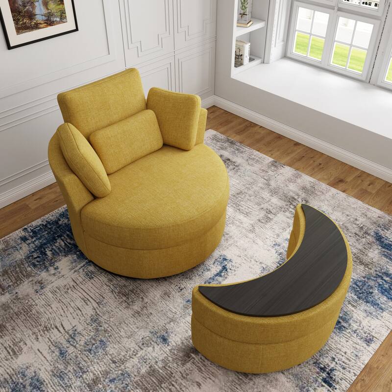 Chenille/Boucle Swivel Barrel Chair with Storage Ottoman