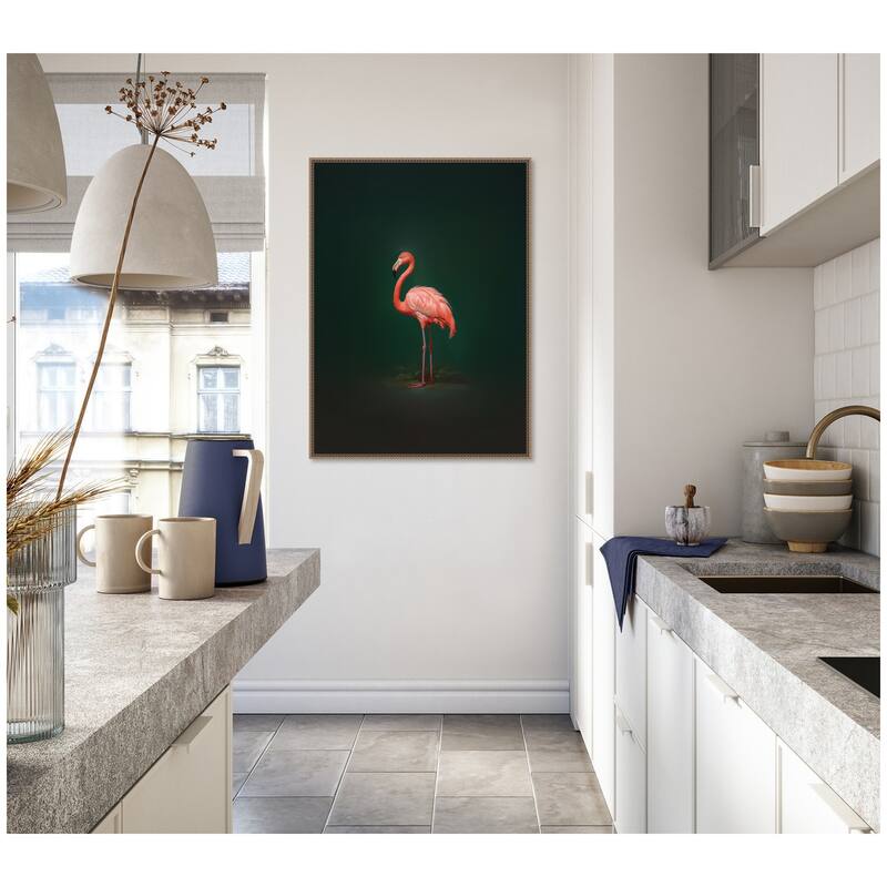Kate and Laurel Flamingo Side View Rich Green Backdrop by The Creative Bunch Studio Framed Canvas Wall Art Print
