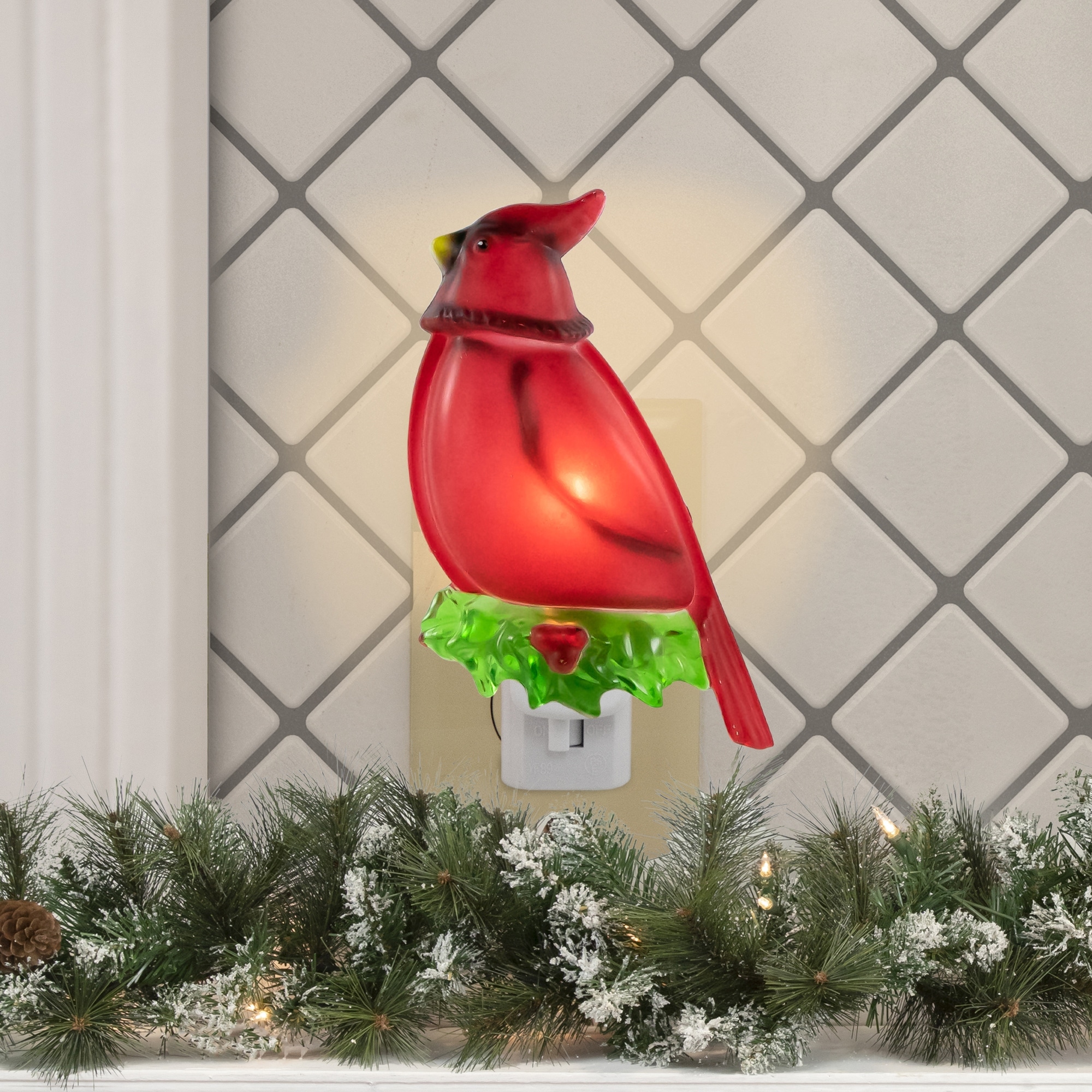 Red Cardinal Bird with Holly Berry Foliage Christmas Night Light - 5.5