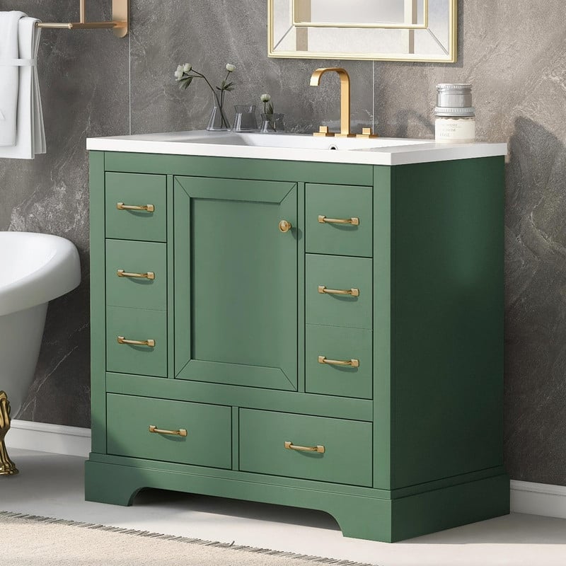 36" Bathroom Vanity with Sink Combo: Six Drawers, Multi-Functional Divider, Adjustable Shelf