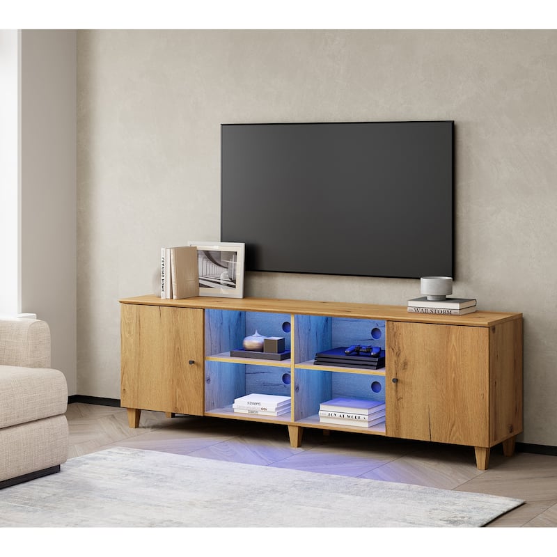 WAMPAT TV Stand for 75 Inches TVs, Modern Media Console - 70 Inches - Oak Brown & Blue Lights