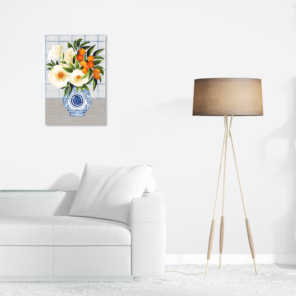 Wynwood Studio Canvas Floral and Botanical Frutti Flowers and Porcelain White and Dark Blue Tropical Wall Art Canvas Print