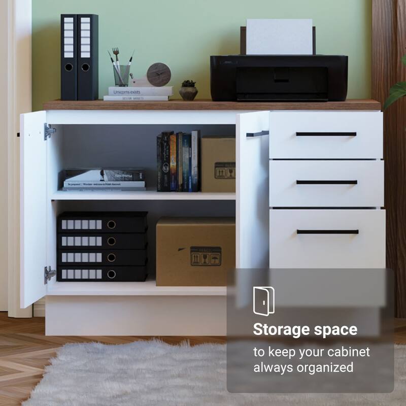 Madesa Office Storage Cabinet with 2 Doors 3 Drawers Wooden Organization Unit for Office Supplies, Documents, Printers - White