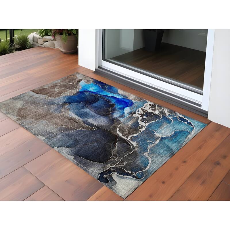 Dava Artistic Abstract Weather Resistant Current & Stylish Outdoor Rug - 3' x 5' - Blue