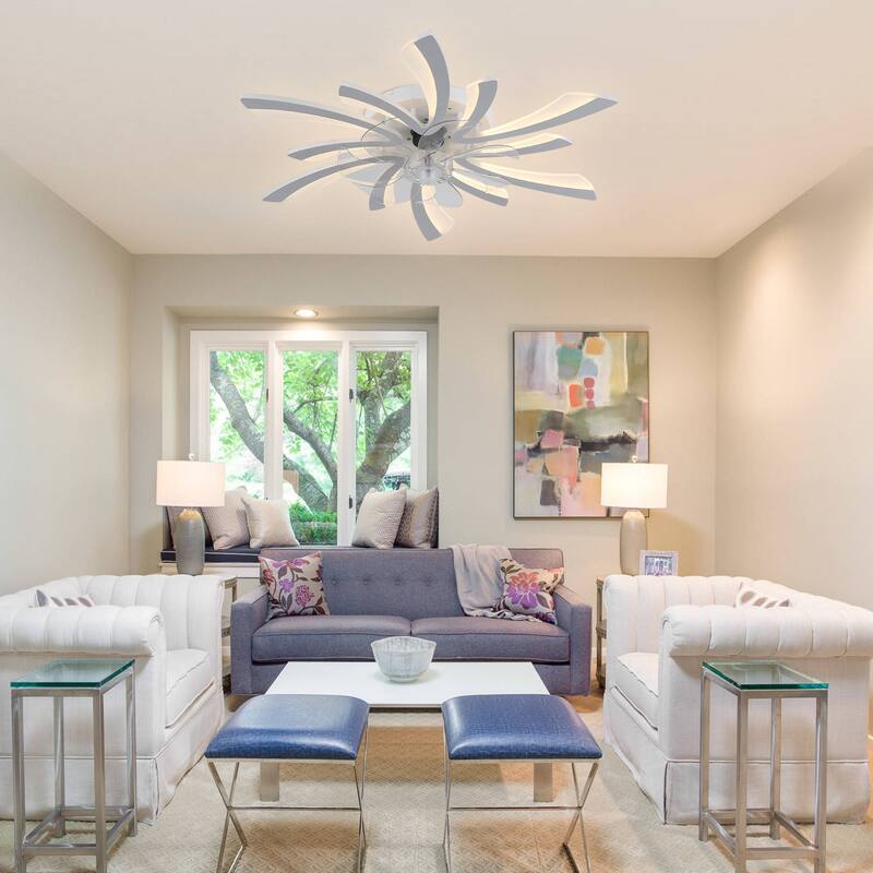 Chichoice 31" Modern Low Profile Flower Ceiling Fan with LED Light, Hidden Blade 6-Speed Flush Mount Fandelier with Remote/App