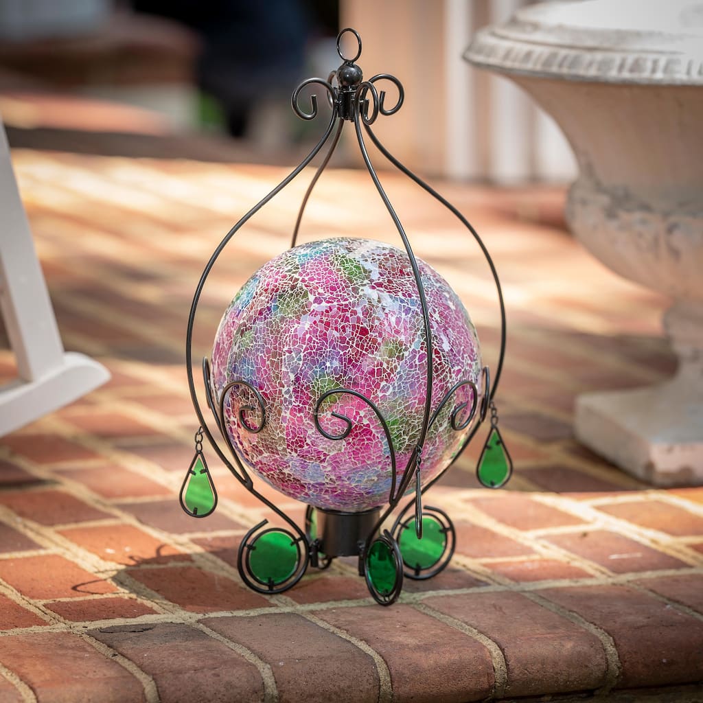 21 in. Metal Gazing Ball Hanging Holder with Blue Glass Tear Drops