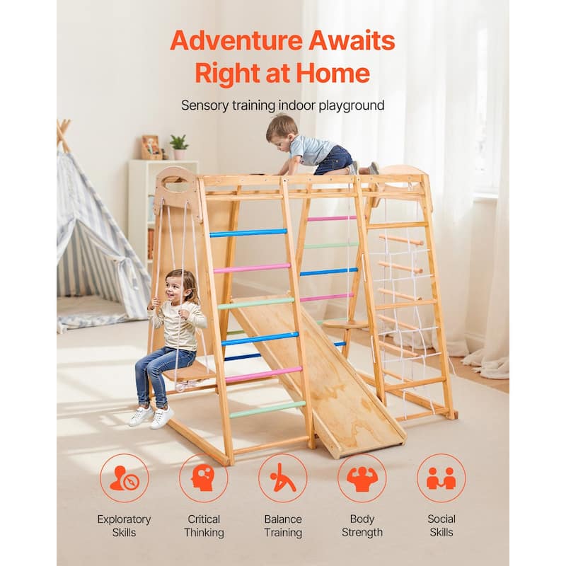 Colorful 9 in 1 Indoor Playground Jungle Gym for Kids with Extended Slide Swing Climbing Net Monkey Bars and 250 lbs Capacity