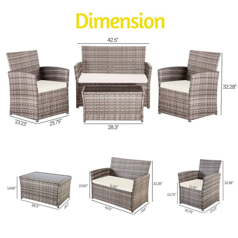 4-Piece Wicker Outdoor Sofa Set, 1 Loveseats, 2 Single Sofas, 1 Table