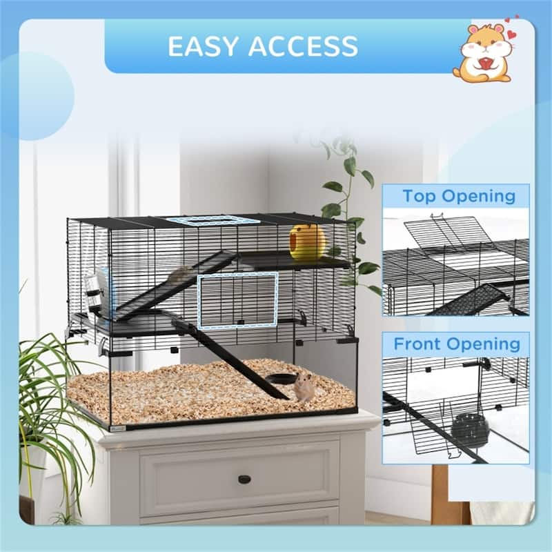 Black-Transparent Hamster Cage with Steel Frame, Glass Base and Accessories - 31" L x 19" W x 22.5" H