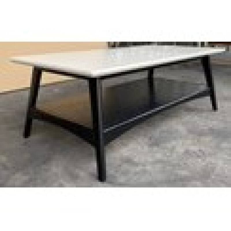 Roomfitters 48-Inch Mid-Century Coffee Table, Two-Tone Off-White Top with Lower Storage Shelf, Solid Wood Base
