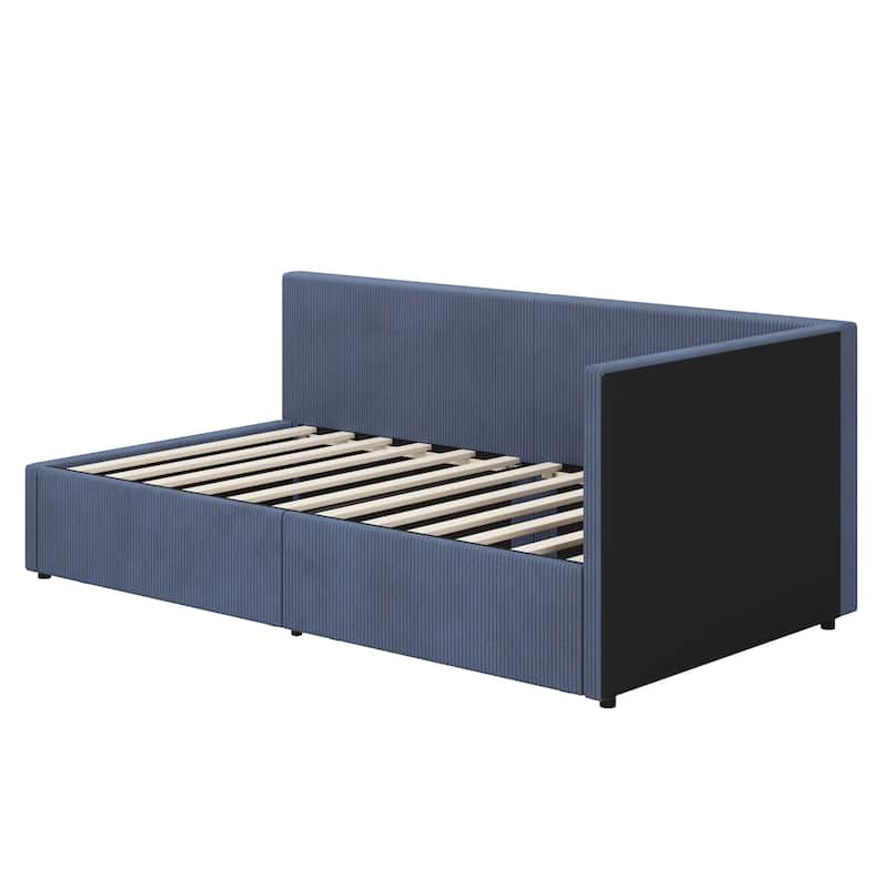Corner Bed L Shape Daybed Corduroy Upholstered Sofa Bed with 2 Drawers