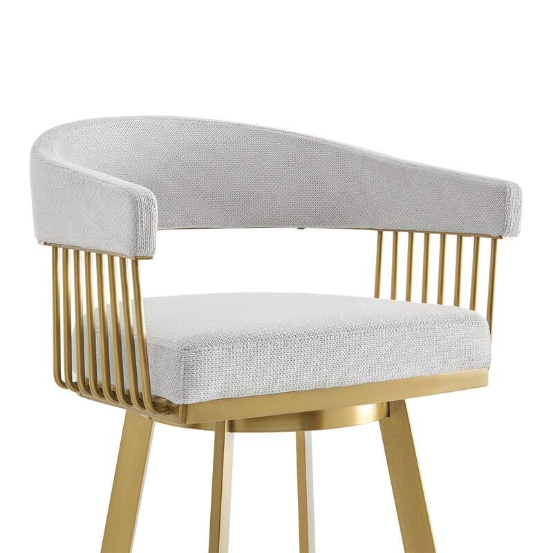 HomeRoots 30" Silver and Gold Fabric and Stainless Steel Low Back Bar Height Swivel Bar Chair