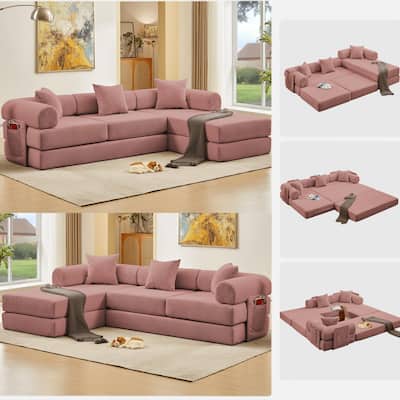 Convertible Folding Sectional Sofa with Chaise, 7-in-1 Modular Couch Corduroy Sleeper Sofa Bed with Removable Storage Bags
