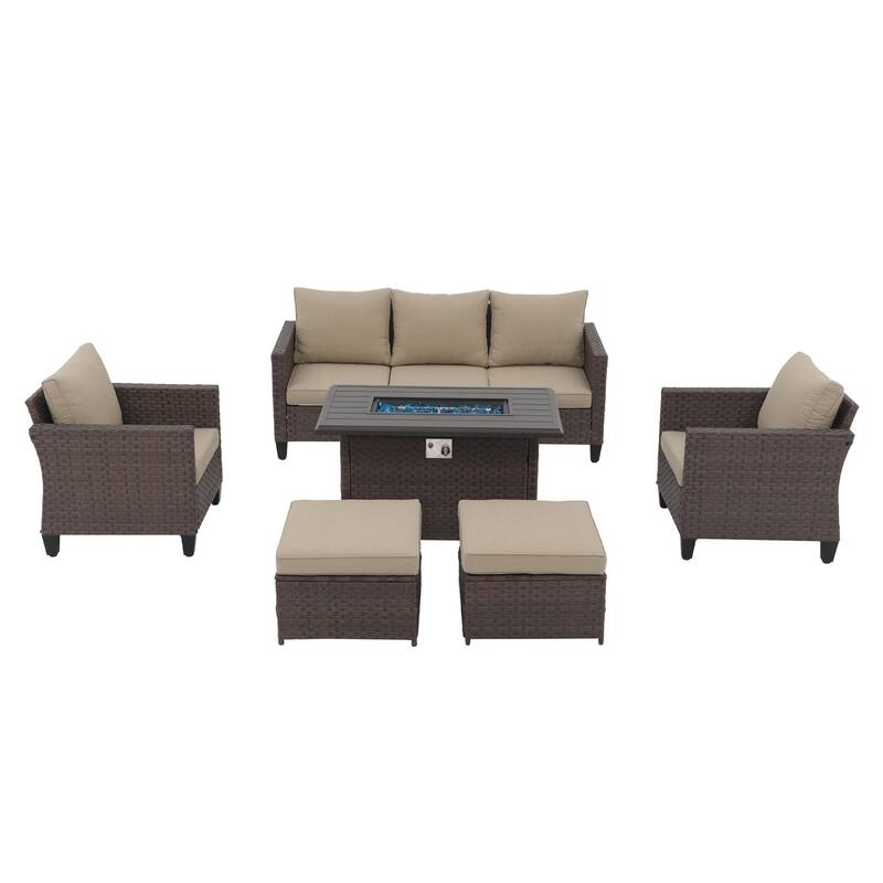Outdoor 6 Pieces Wicker Sectional Sofa Set with Fire Pit Table