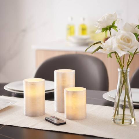 Metallic Silver Wire Textured LED Candles Set of 3