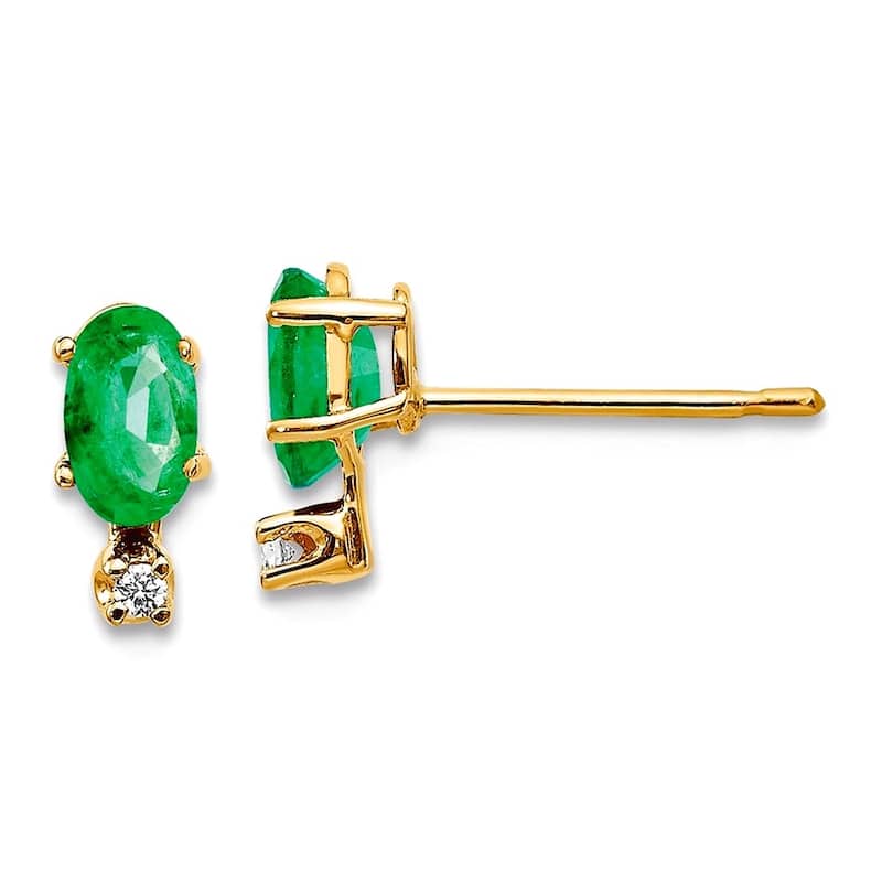 Curata 14k Yellow or White Gold Small Genuine Gemstone and Diamond Stud Earrings - 7x3mm - Emerald - Yellow