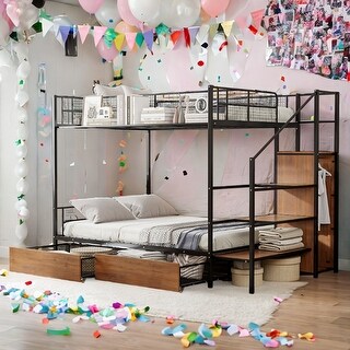 Industrial Minimalist Twin Over Full Metal Bunk Bed with Drawer and Lateral Storage Ladder and Wardrobe