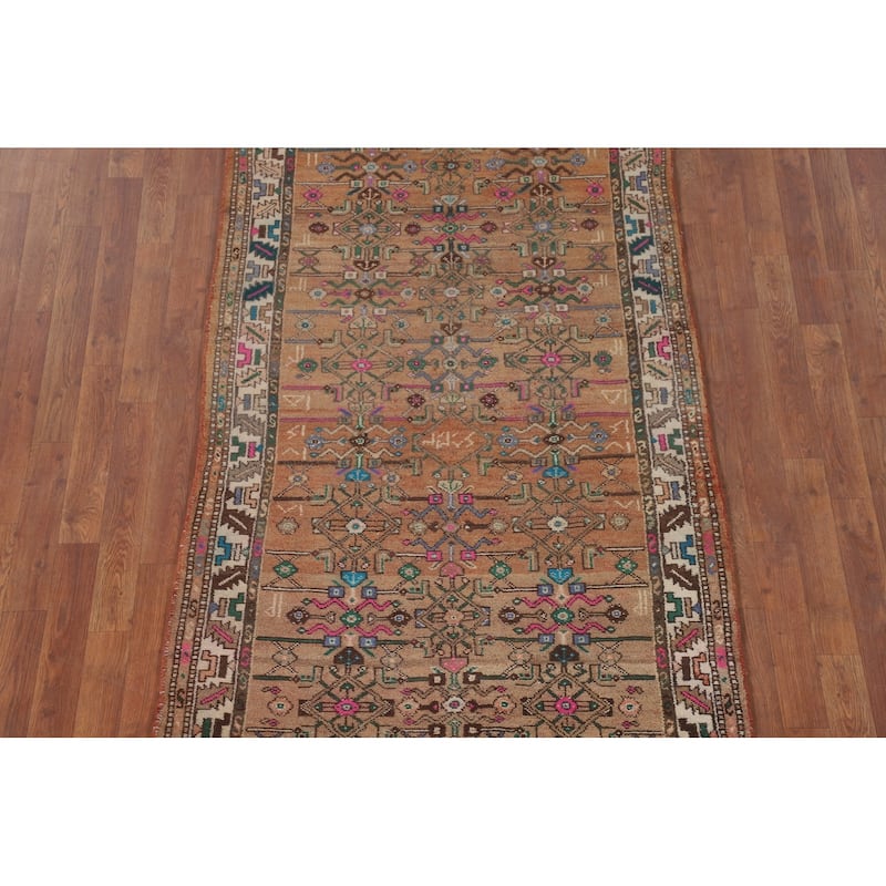 Geometric Hamedan Persian Vintage Runner Rug Handmade Wool Carpet - 3'7"x 8'9"
