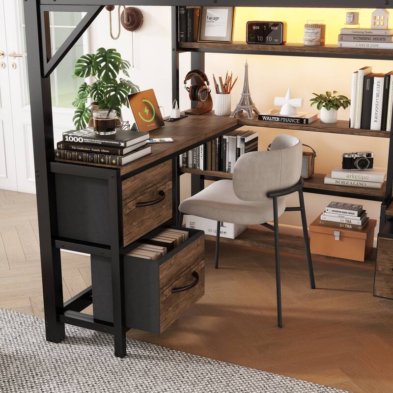 Queen/Full Loft Bed with Desk, Wardrobe & LED Lights for Teens