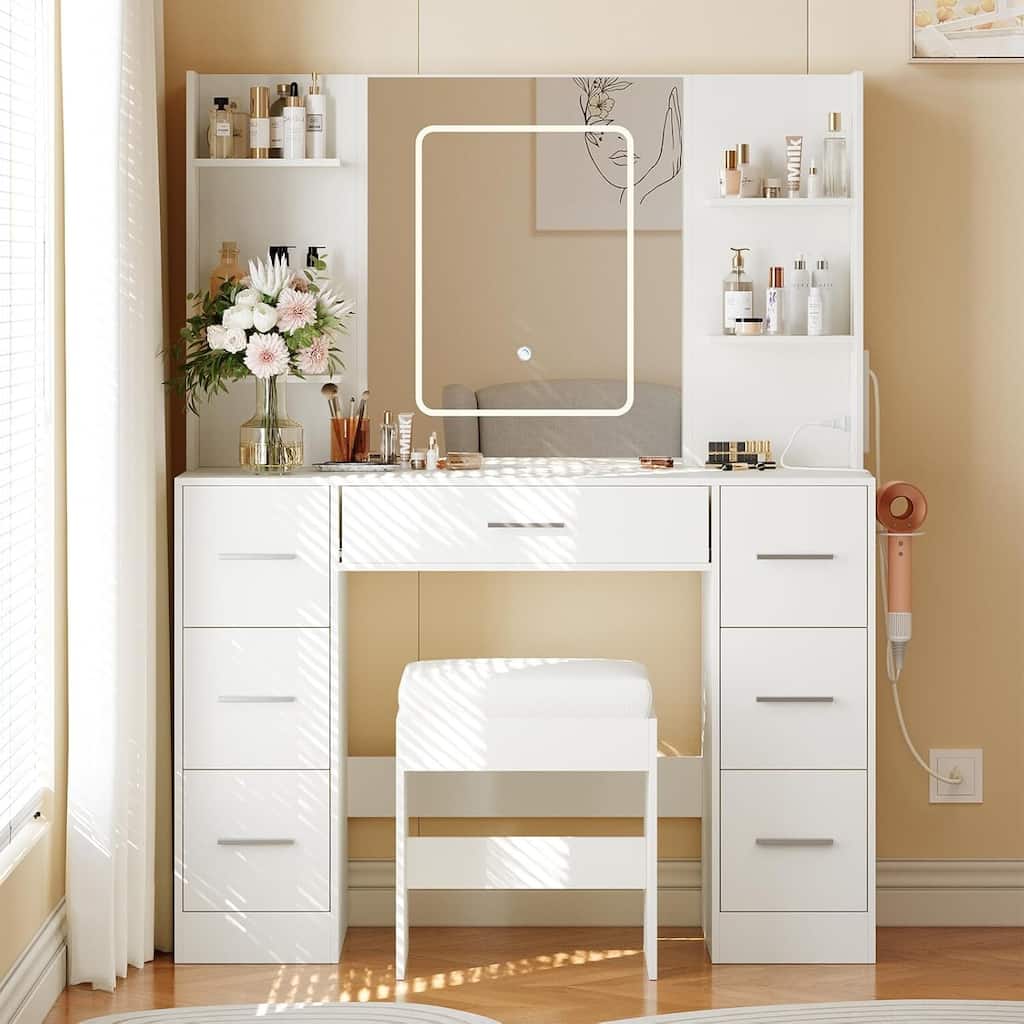 7 Drawers Vanity Desk, Makeup Vanity Table with Touch LED Light Mirror