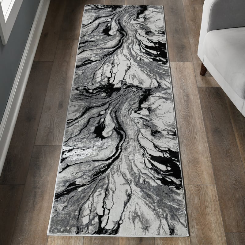 Ksamil Collection Gray and Black Abstract Area Rug - 2'2 x 7'8 Runner