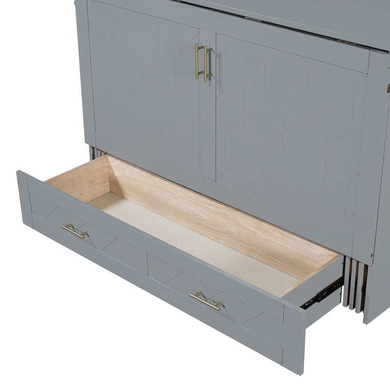 Queen Size Murphy Bed with Pulley System, Storage Drawer, USB Ports, and Sockets, Space-Saving