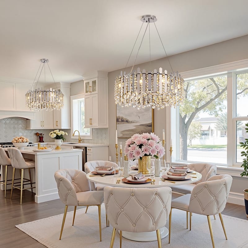 24" Chrome Modern Luxury Crystal Chandelier Adjustable Height Drum Light Fixture for Dining Room