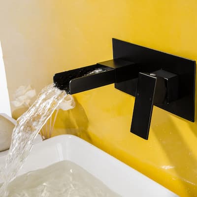 Matte Black Single Handle Waterfall Nozzle Wall Mount Bathroom Sink Faucet