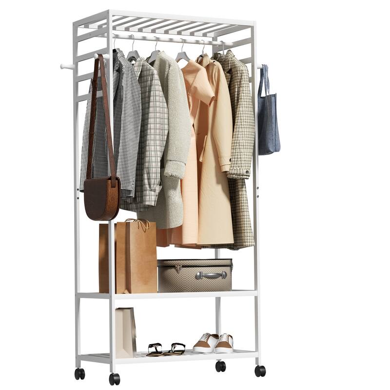 Bamboo Rolling Clothes Rack with Storage Shelves and Hanging Rod - W 30.9" x D 15.75" x H 66.34"