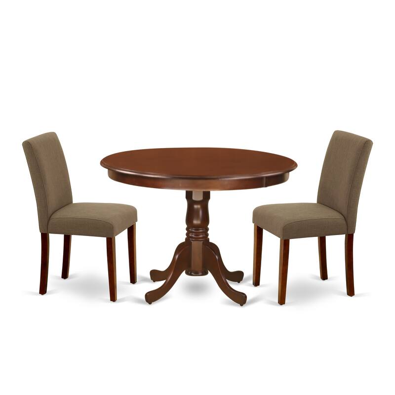 East West Furniture Kitchen Table Set- a Dining Table with Pedestal and 4 Coffee Linen Fabric Chairs, Mahogany(Pieces Options))