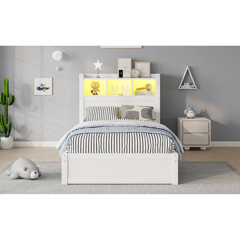 Roomfitters Twin/Full Platform Bed, LED Bookcase Headboard and Pull Out Storage Drawers with Wooden Frame for Bedrooms
