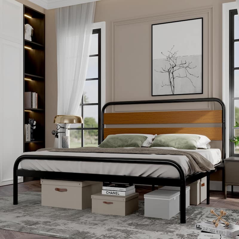 Platform Bed Frame with Wood Headboard, Heavy Duty Metal Slat Support, Noise Free Design - Sandalwood brown - King