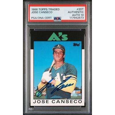 Jose Canseco 1986 Topps Traded Signed Baseball Rookie Card #20T Auto Graded PSA 10 Cert # 117942673 - 8' x 11'