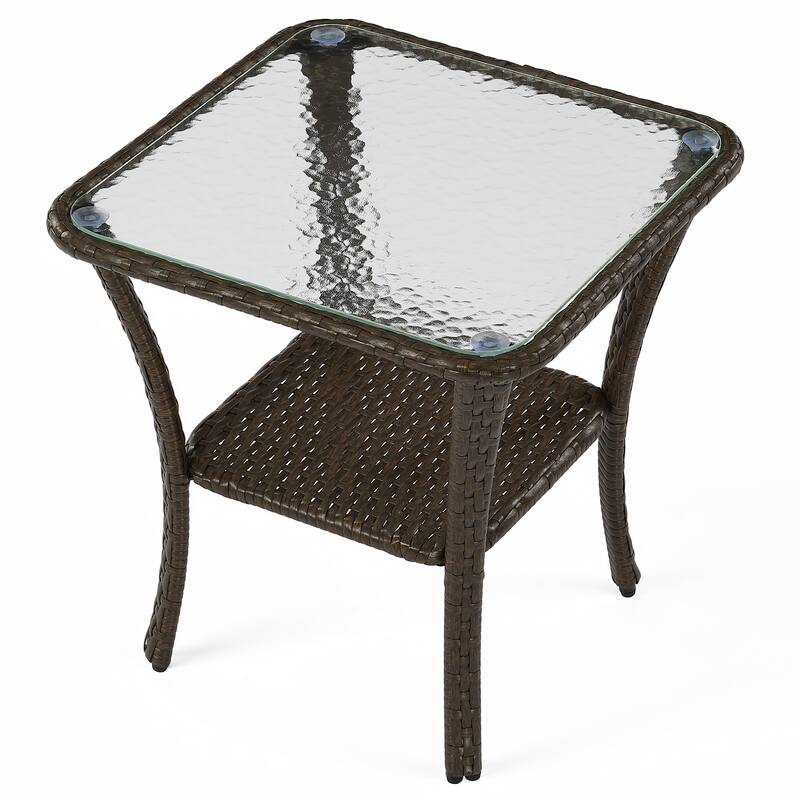 Wicker Rattan Side Table With Built-in Glass - 19.68'' H X 19.68'' D X 19.68'' W