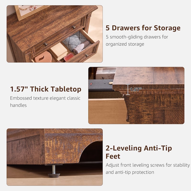 Farmhouse 5 Drawers Dresser, Wood Rustic Chest of Drawers for Bedroom