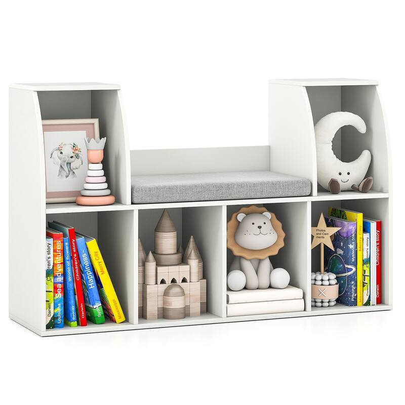 Gymax 40''Kids Bookshelf w/Reading Nook 6 Storage Cubbies & Seat - White