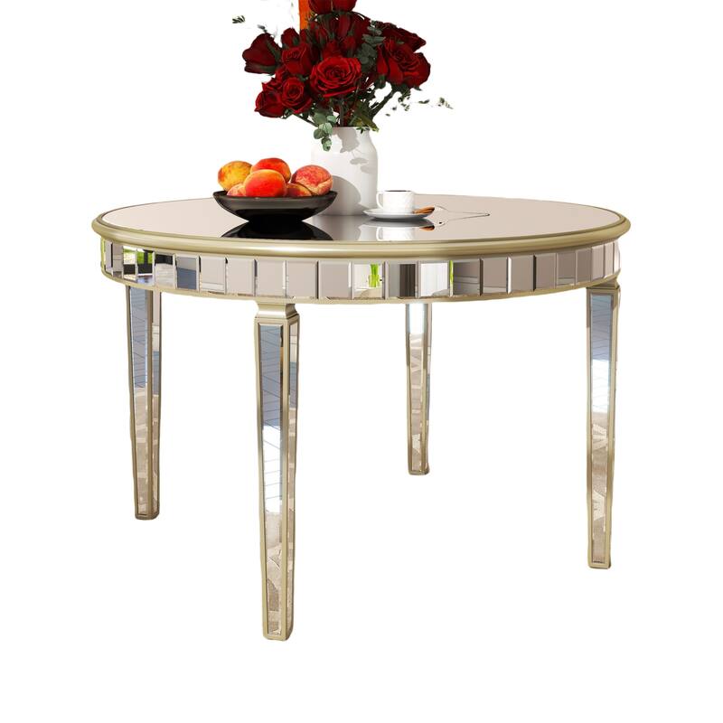 47" Round Mirror Top Table with Gold Geometric Base, Seats 4-6